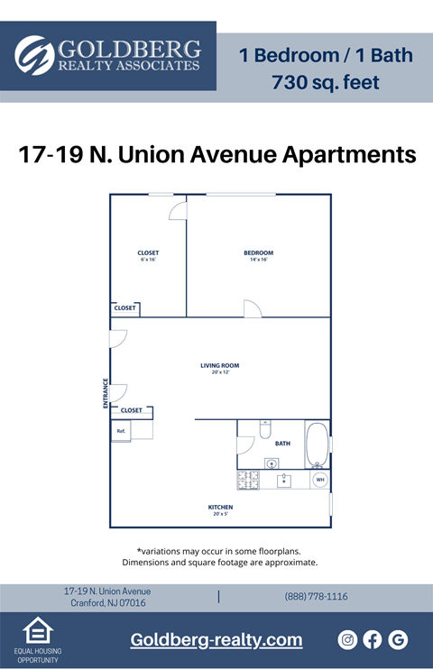 Floor plan for 1 bed, 1 bath, 730 sqft